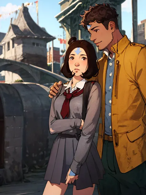(masterpiece), (best quality:1.0), (ultra highres:1.0), highly detailed face and eyes,
BREAK
<lora:Jinora_TLOK_V2:1> Jinora, blue-arrow forehead tattoo, schoolgirl uniform, tie, hairband
<lyco:Saya-hand on another's shoulder:0.7> (hand on another's shoulder:1.2), 1boy\(no tattoo\) , couple,
BREAK
winter, bridge, city