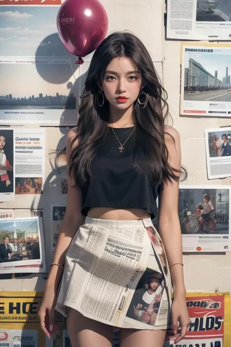 masterpiece,best quality,ultra-detailed,extremely detailed CG unity 8k wallpaper,1girl,flower,balloon,newspaper,newspaper background,<lora:md_20230910090458:0.7>,print_skirt,