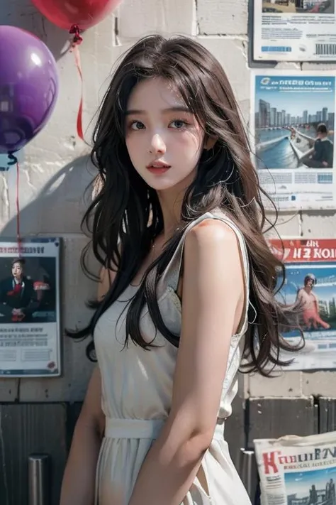 masterpiece,best quality,ultra-detailed,extremely detailed CG unity 8k wallpaper,1girl,white dress,flower,balloon,newspaper,over the sea,coffee,newspaper background,<lora:md_20230910090458-000004:0.7>,