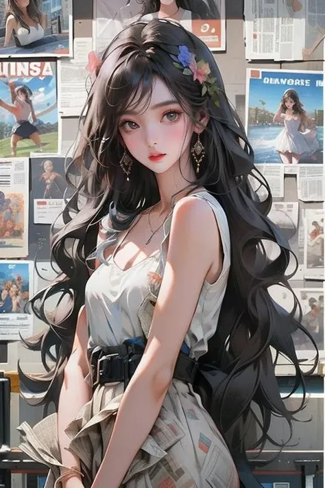 masterpiece,best quality,ultra-detailed,extremely detailed CG unity 8k wallpaper,1girl,white dress,flower,balloon,newspaper,over the sea,coffee,newspaper background,<lora:md_20230910090458-000004:0.9>,