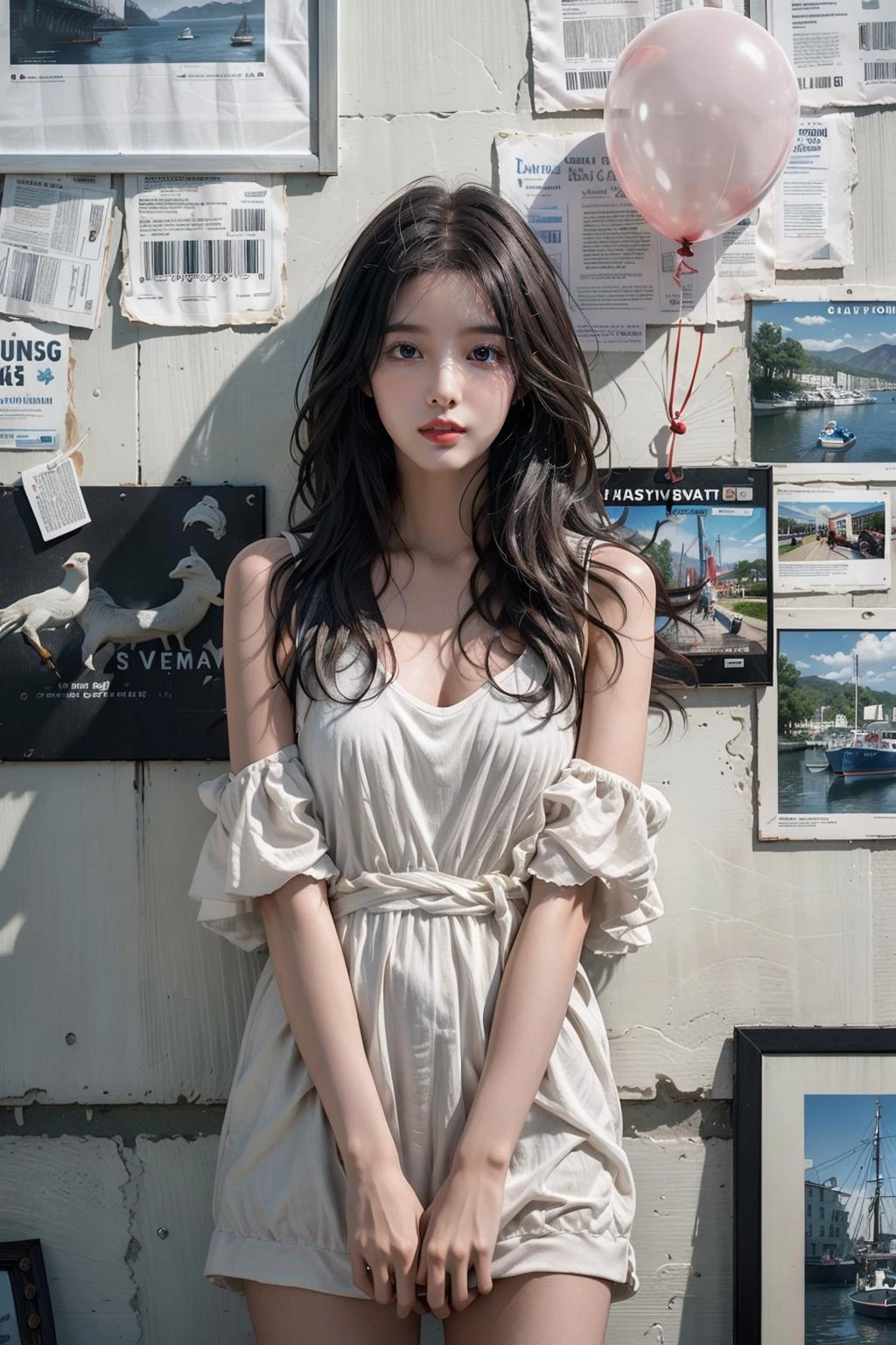 masterpiece,best quality,ultra-detailed,extremely detailed CG unity 8k wallpaper,1girl,white dress,flower,balloon,newspaper,over the sea,coffee,newspaper background,<lora:æ¥çº¸èæ¯:0.7>,