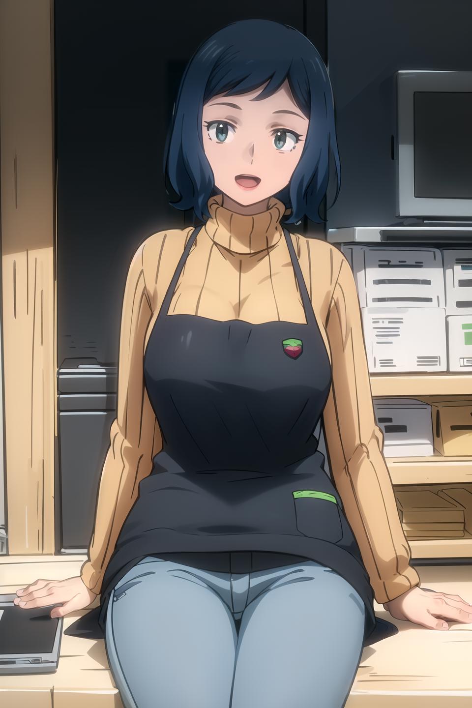 Anime girl sitting on a counter with her hands on her hips - SeaArt AI