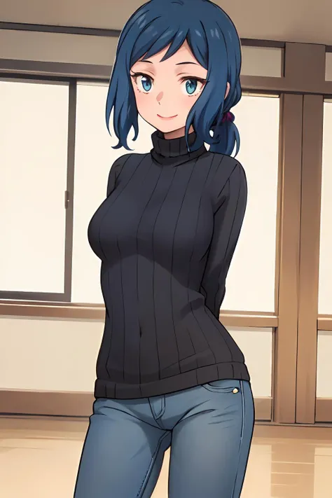 masterpiece,best quality,1girl,mature female,milf,rinko_iori,dark blue hair,(low ponytail,long ponytail:1.4),blue eyes,chanchanko,turtleneck sweater,jeans,smile,standing,arms behind back,indoors,cowboy shot,<lora:Rinko_Iori:0.8>,