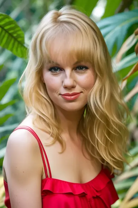 raw photo of a cute blonde adult woman, stunning red dress, in a jungle paradise, upper body, extreme close up, 8k uhd, fujifilm xt3