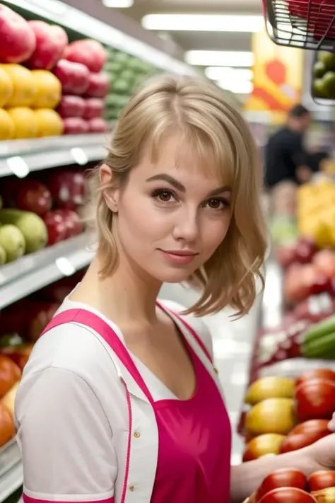 raw photo of an a beautiful woman, perfect face, eyes, 8k uhd, at the grocery store, cute outfit, ((close up))