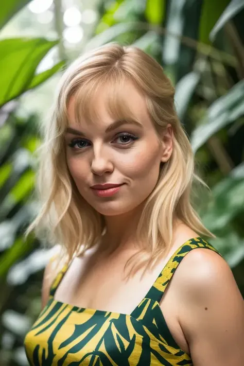 raw photo of an adorable [blonde] woman, stunning dress, in a jungle paradise, upper body, extreme close up, 8k uhd, fujifilm xt3