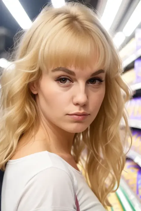 raw photo of an a beautiful blonde woman, facing camera, perfect face, eyes, 8k uhd, at the grocery store, cute outfit, ((close up))