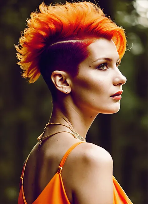 analog style, modelshoot style, portrait of sks woman by Flora Borsi, style by Flora Borsi, bold, bright colours, orange Mohawk haircut, ((Flora Borsi)), <lora:locon_bellahadid_v1_from_v1_64_32:1.3>