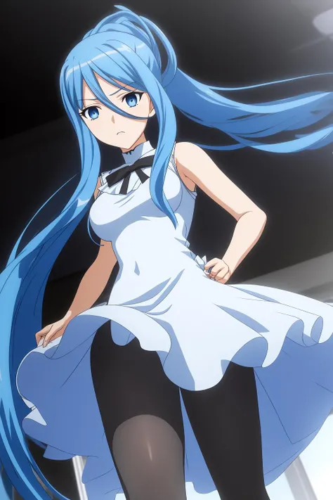 takao, 1girl, solo, long_hair, breasts, blue_eyes, dress, hair_between_eyes, medium_breasts, very_long_hair, blue_hair, ponytail, pantyhose, sleeveless, white_dress, black_pantyhose, frown, from_below, personification
