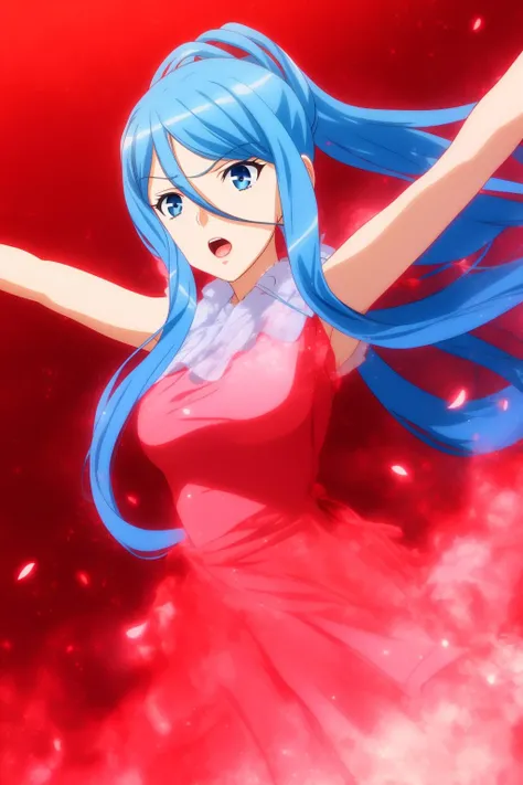 takao, 1girl, solo, long_hair, breasts, looking_at_viewer, open_mouth, blue_eyes, dress, hair_between_eyes, medium_breasts, very_long_hair, blue_hair, ponytail, flower, white_dress, arms_up, frown, outstretched_arms, spread_arms, red_lights, red_background,