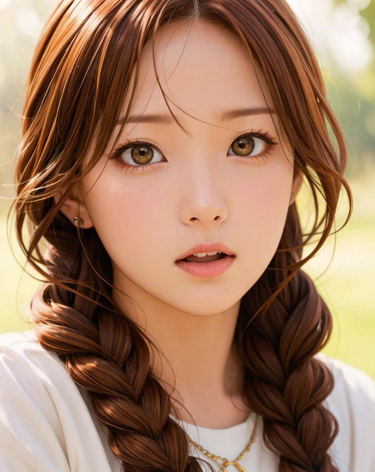 close up photo, a woman, Chestnut hair, braid,
(surprised:1.2),
simple background,
(bright skin, soft light, best quality, realistic:1.4),
