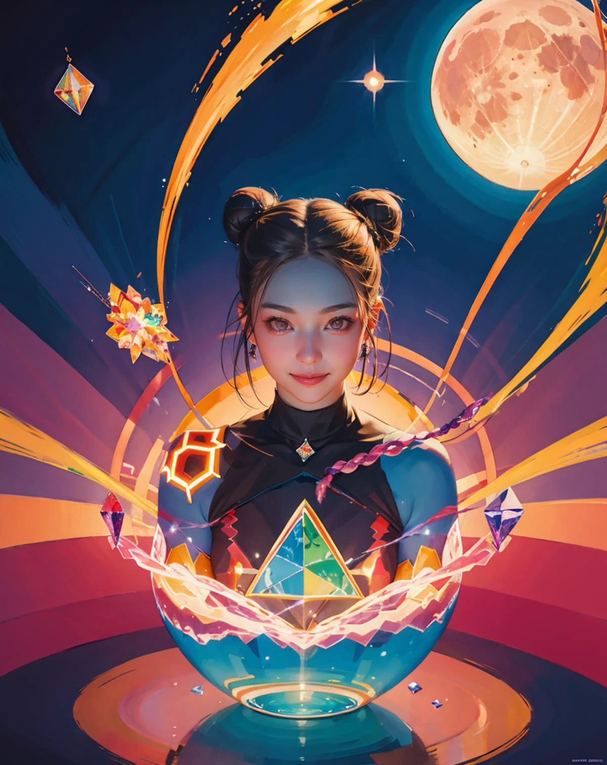 (abstract art:1.2), watercolor \(medium\), girl, Spanish, braided_bun, (moon),
(Pink ,Alluring,Hypnotic,Vibration,Brownian motion,Liquid crystal,Theory of mind,Tetrahedron magic:1.0),
highly detailed, digital painting, <lora:MiroslavZgabaj:0.8><lora:DreamArt:0.75>