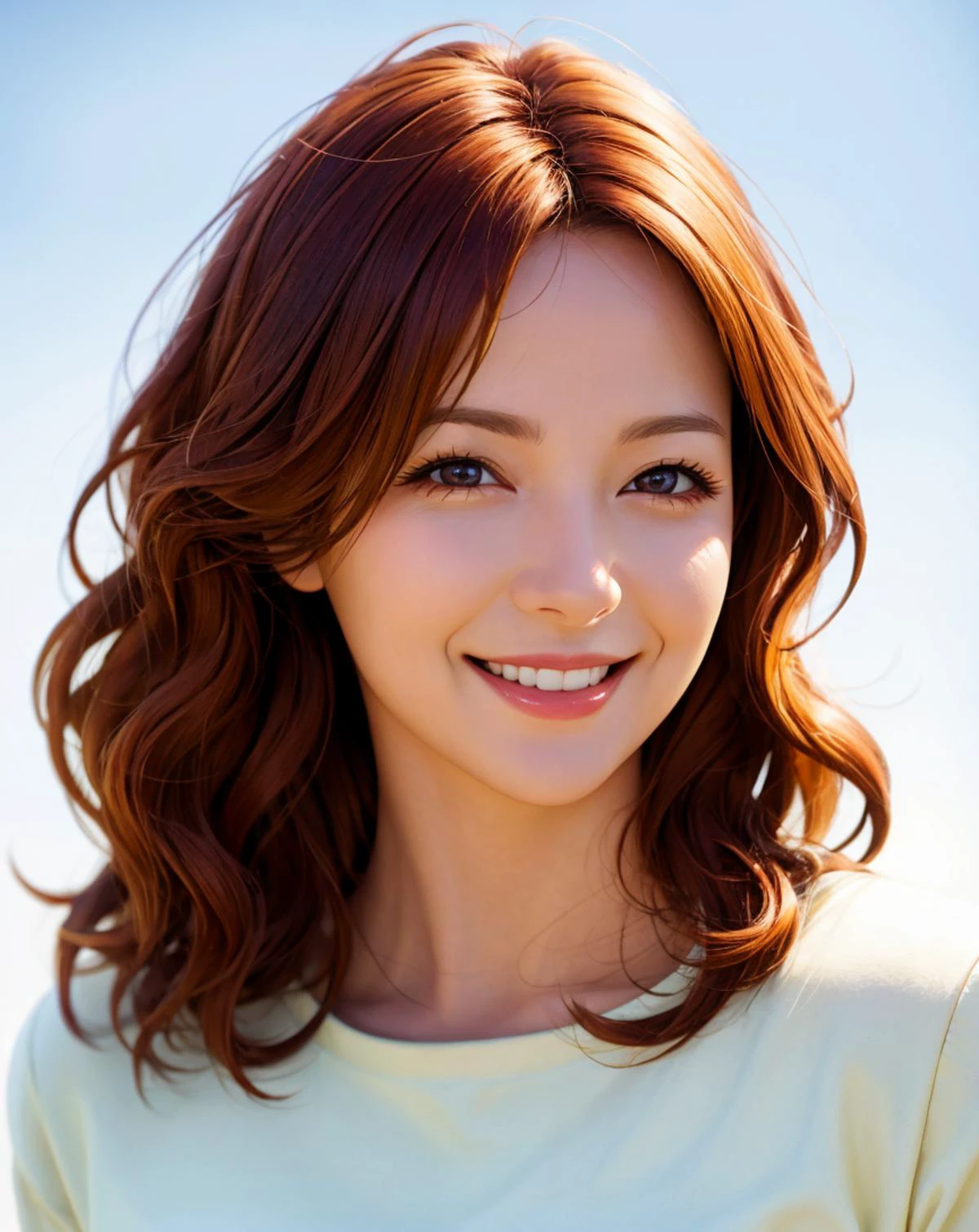 close up photo, a mature lady, Auburn hair, wavy_hair,
smile,
simple background,
(bright skin, soft light, best quality, realistic:1.4),