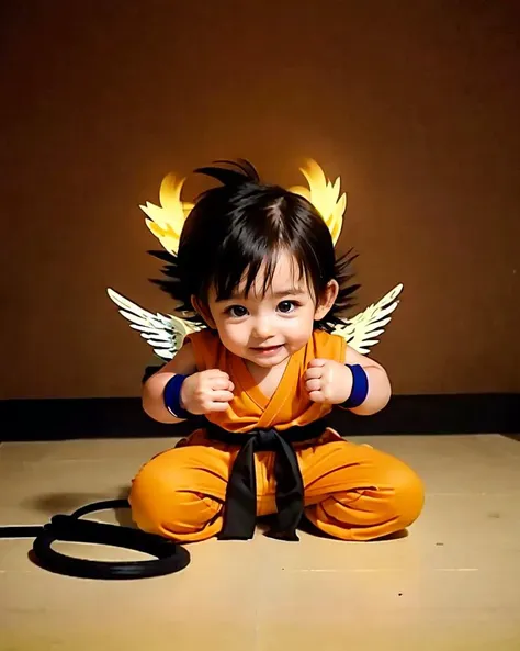 (full body:1.3), photography of a KidGoku, son goku, (chibi), (baby, child, boy), solo focus, black hair, spiked hair, halo, angel wings, 
monkey tail, wristband, yellow_orange dougi,
kneeling, spread legs,
movie_theater,
(realistic,detailed, best quality:1.4), QuickHands, <lora:QuickHandV2:0.6> <lora:KidGoku:0.8> <lora:son_goku_offset:0.4>