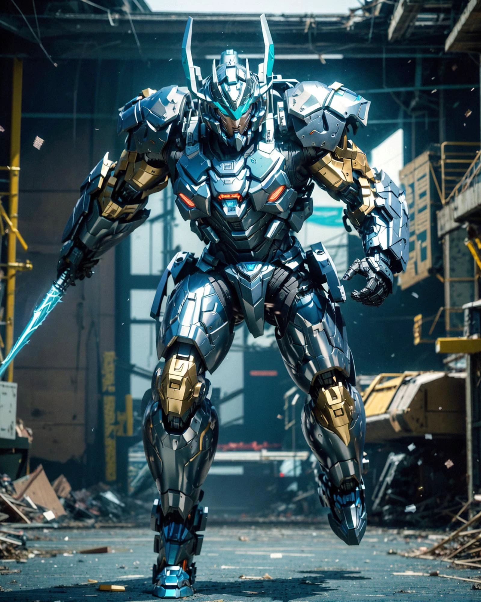 full_body photo of mecha, headgear, (glowing eyes:0.6), (aqua eyes), 
Brown armor, navy_blue_color reflected armor, covered in full silver armor, arknights, wearing thunder armor, intricate assasin mecha armor, greek god in mecha style, grimdark paladin,  
big muscular,
(dynamic_pose, action:1.4),
volumetric light, mechanical parts, robot joints,  joint glow,
strong wind, light particles, bokeh, messy background, cyberpunk, 
(detailed, best quality:1.4), realistic <lora:mecha_offset:0.9>, <lora:AMechaSSS[color_theme,mecha musume, mechanical parts,robot joints,headgear]:0.9>, <lora:QuickHandV2:0.6> QuickHands   <lora:bulkedupAI_bulkedupAIR15:0.3>