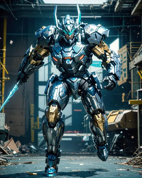 full_body photo of mecha, headgear, (glowing eyes:0.6), (aqua eyes), 
Brown armor, navy_blue_color reflected armor, covered in full silver armor, arknights, wearing thunder armor, intricate assasin mecha armor, greek god in mecha style, grimdark paladin,  
big muscular,
(dynamic_pose, action:1.4),
volumetric light, mechanical parts, robot joints,  joint glow,
strong wind, light particles, bokeh, messy background, cyberpunk, 
(detailed, best quality:1.4), realistic <lora:mecha_offset:0.9>, <lora:AMechaSSS[color_theme,mecha musume, mechanical parts,robot joints,headgear]:0.9>, <lora:QuickHandV2:0.6> QuickHands   <lora:bulkedupAI_bulkedupAIR15:0.3>