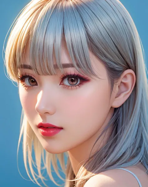 close up photo, a lady, silver hair, blunt bangs, 
make up, eye lashes, red lips,
, 
simple background,
(bright skin, soft light, best quality, realistic:1.4),