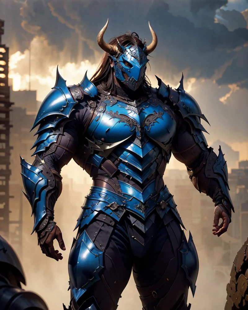 medium shot, cowboy_shot, a (Raging:1.4) Minotaur, solo,
in (muscular:1.4), (armor:1.4) decorated with intricate patterns and lines,
attacking_pose,
Cyber Urban Background,
surrealism detail, texture,
(photorealistic, detailed:1.4), (moody light, soft Light, high quality, best quality, realistic:1.4) ,(high resolution:1.4) <lora:bulkedupAI_bulkedupAIR15:0.29> <lora:hadesarmor_v5:0.7>