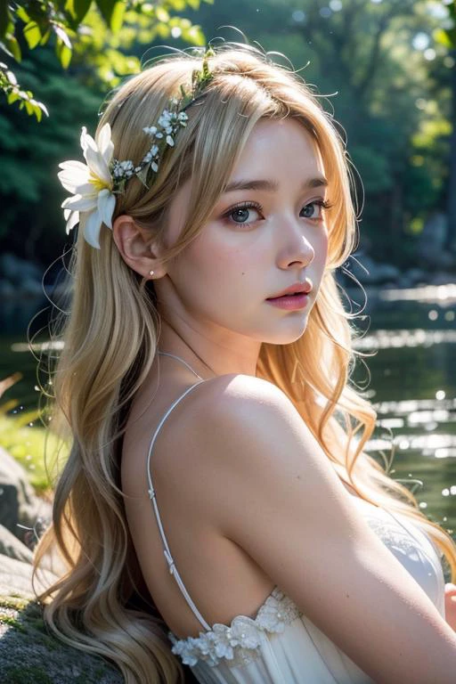 ((medium shot)) ((high angle)) ((masterpiece)) 1woman, a photo of a ((beautiful scandinavian 30 year old fairy woman with shimmering wings and a flowing gown made of delicate flower petals)) ((long blonde flowing thick hair: 1.3)) (wearing a flower wreath with white forest flowers) sitting on a rock, at a ((beautiful and Scandinavian round forest lake with dark water and a small rocky beach)) surrounded by towering ((pine)) trees with sunlight filtering through the canopy, creating a serene and divine setting. The lake reflects the lush greenery and blue sky, while the gentle rustling of leaves and occasional bird songs add to the tranquil atmosphere, enchanting, ethereal, mystical, fantasy, nature, magical glow, dreamlike, enchanting beauty, surreal, mystical forest, enchanting atmosphere, magical realism, fantastical, vibrant colors, , ((serenity)) soft, early morning light, sunlight filtering through the leaves, photography, realistic, volumetric light,, best quality, ultra high res:1.1, hard shadows), (absurdres ,photorealistic, ultra-detailed:1.2), <lora:more_details:0.8> epiCRealism, <lora:MJ52:0.8> imperfect, in the future OverallDetail, SkinHairDetail fFaceDetail <lora:breastsizeslideroffset:0.8> cleavage: 1.4