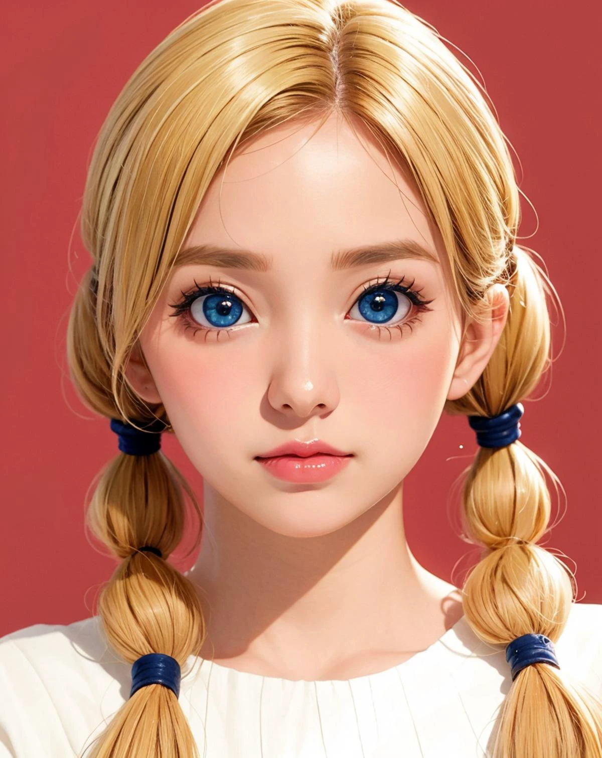 close up photo, a girl, blonde hair, twintails,
(big eyes:1.3), eye lashes, red lips,
(shy, blushing),
simple background,
(bright skin, soft light, best quality, realistic:1.4),