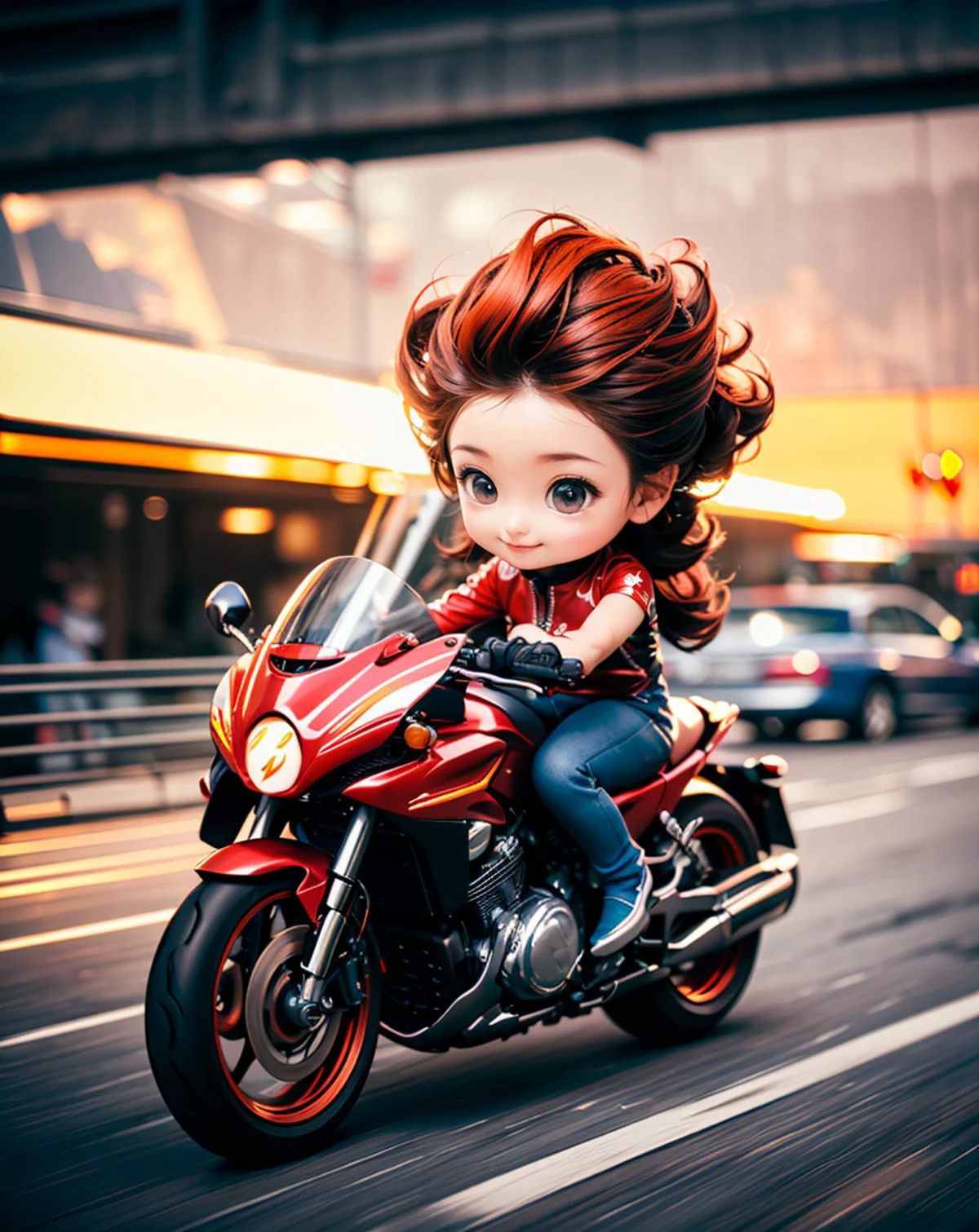 photo of a (chibi:1.3) girl, solo focus, ginger hair, long hair,
(ride a motorbike) dynamically,
(futuristic background:1.2),
( rim light, hyperrealistic, photorealistic, finely detail:1.4), <lora:Superspeed_running:0.8> (superspeed:1.4), motion blur, incoming