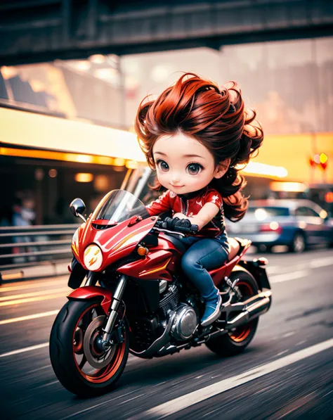 photo of a (chibi:1.3) girl, solo focus, ginger hair, long hair,
(ride a motorbike) dynamically,
(futuristic background:1.2),
( rim light, hyperrealistic, photorealistic, finely detail:1.4),  <lora:Superspeed_running:0.8> (superspeed:1.4), motion blur, incoming