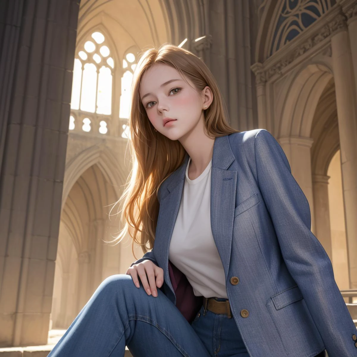 1girl, designed by Georges Lemmen, colorful art, (Girl:1.1) , the Girl is Ancient, ð, she is dressed in a Elevating Boyfriend jeans and blazer that was made by Apple computers, It is Characteristic, Resting on a diagonal, background is Abbaye aux Dames, Sharp and in focus, Flustered, Beautifully Lit