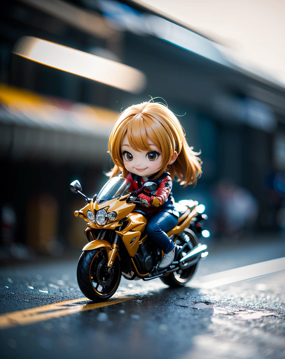 (full body:1.4), photo of a (chibi:1.4) girl, solo focus, blonde, long hair,
ride a (motorbike) dynamically,
(futuristic background),
( rim light, hyperrealistic, photorealistic, finely detail:1.4), <lora:Superspeed_running:0.8> superspeed, motion blur, incoming