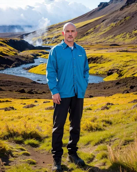 (full body:1.3), photo of a (man), (solo focus:1.4), looking at viewer, (shaved head), 
(big muscular:1.2),
sherpa-lined flannel shirt, joggers, work boots,
(own hands_clapsed ), 
striking colors of Iceland's Landmannalaugar, with its geothermal landscape painted in hues of orange, red, and yellow,
(realistic, detailed, best quality:1.2), QuickHands,<lora:QuickHandV2:0.6>