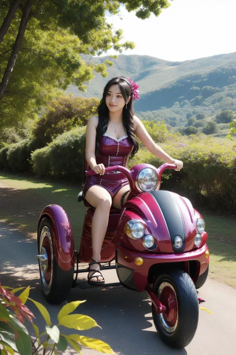 1girl, epic Cosplay Photograph, insane details, medium shot of a Maori ([chamomile:Trike:5]:1.3) , the Trike is very [Dazzling:Lifeless:18] and Unnatural, it is made from Exoplanet, it is with Amaranth trimmings, Wilderness background, lush jungle and Planet Jupiter in background, Sunny, soft focus, Cel shaded, Cozy, Toyism Art, dark blue lighting, HDR, Ilford XP2 400, F/8, fluorescent purple and Burgundy hue, glimmering transformation, sfumato, trending on artstation, arthouse