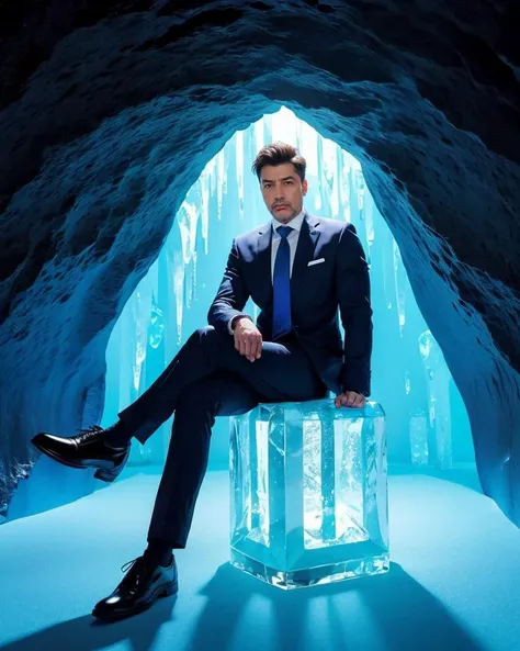 (full body:1.3), photo of a (man), (solo focus:1.4), looking at viewer, (sideburns), 
(big muscular:1.2),
charcoal gray suit, light blue dress shirt, navy blue tie, black oxford shoes,
(indian_style_sitting ), 
magnificent ice cave reveals hidden world of shimmering blue, as sunlight filters through the frozen ceiling, casting an ethereal glow on the ancient ice formations,
(realistic, detailed, best quality:1.2), QuickHands,<lora:QuickHandV2:0.6>