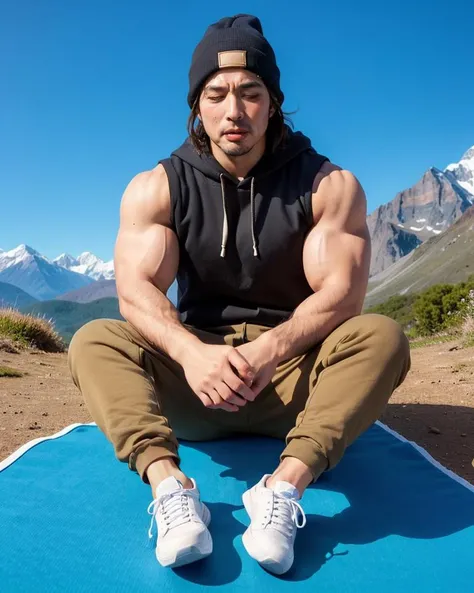 (full body:1.3), photo of a (man), (solo focus:1.4), looking at viewer, (low-fade), 
(big muscular:1.2),
sherpa-lined hoodie, sweatpants, beanie, slip-on sneakers,
(sitting on floor ), 
Majestic mountains with a clear blue sky,
(realistic, detailed, best quality:1.2), QuickHands,<lora:QuickHandV2:0.6> <lora:BulkedUpAIR1.5:0.2>