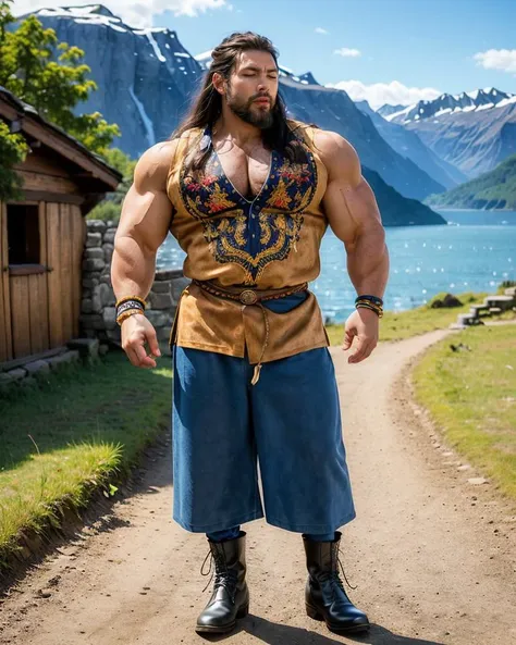 (full body:1.3), photo of a (man), (solo focus:1.4), looking at viewer, (side part), 
(big muscular:1.2),
embroidered peasant shirt, wide-leg pants, suede chelsea boots, beaded bracelets,
(reaching ), 
Ancient Viking Village by the Fjords,
(realistic, detailed, best quality:1.2), QuickHands,<lora:QuickHandV2:0.6> <lora:BulkedUpAIR1.5:0.4>