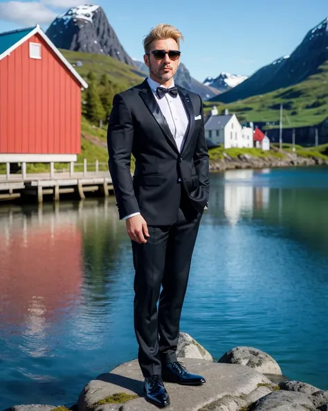 (full body:1.3), photo of a (man), (solo focus:1.4), looking at viewer, (spiky hair), 
(big muscular:1.4),
black tuxedo, white dress shirt, black silk bow tie, black patent leather shoes,
(Decided_pose ), 
stunning purple and pink shades of Norway's Lofoten Islands, where colorful fishing villages reflect in tranquil fjords,
(realistic, detailed, best quality:1.2), QuickHands,<lora:QuickHandV2:0.6> <lora:BulkedUpAIR1.5:0.2>