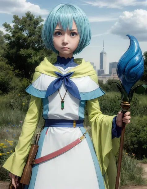 best quality, masterpiece, (detailed), realistic, photo realistic, cowboy shoot, 1girl, strong wind, <lora:more_details:0.8>, <lora:lelei_v12:0.9>, lelei la lalena,aqua eyes,wizard dress,mage staff,holding,standing,forest,sunny,sky,emerald necklace,(small breasts:1.4),