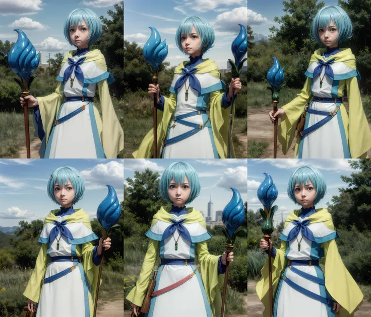 best quality, masterpiece, (detailed), realistic, photo realistic, cowboy shoot, 1girl, strong wind, <lora:more_details:0.8>, <lora:lelei_v12:0.9>, lelei la lalena,aqua eyes,wizard dress,mage staff,holding,standing,forest,sunny,sky,emerald necklace,(small breasts:1.4),