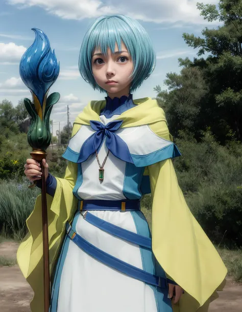 best quality, masterpiece, (detailed), realistic, photo realistic, cowboy shoot, 1girl, strong wind, <lora:more_details:0.8>, <lora:lelei_v12:0.9>, lelei la lalena,aqua eyes,wizard dress,mage staff,holding,standing,forest,sunny,sky,emerald necklace,(small breasts:1.4),