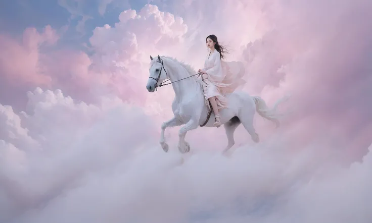 An impressionistic image of a girl astride a massive white horse soaring amidst the clouds. The scene is filled with swirling,dreamlike effects that enhance the surreal atmosphere. The composition uses rule of thirds to frame the girl and her majestic mount,both dressed in vibrant white. Soft focus and a pastel color palette create a fantastical ambiance. Shot with a fisheye lens for a wide-angle perspective.,