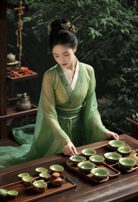 (green:1.3)
She is a teahouse proprietress, dressed in teahouse attire primarily in green, symbolizing her calmness and kindness.
She has a serene countenance and kind eyes, allowing makeup to focus on enhancing her cheeks and eyes, using green as the main color, symbolizing her tranquility and kindness.
Her style is serene and kind, so the artistic style can be chosen as warm and inviting, with a refreshing and light green color palette.
(1girl:1.3), adult, Guofeng, Hanfu, mist, looking at viewer,long hair blown by the wind, dusk, masterpiece,
analog film photo ethereal fantasy concept art of masterpiece, dynamic perspective, intricate details, wide angle, motion blur. long hair.