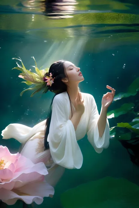 In a timeless, still image, a beautiful young girl is captured frolicking in a secluded pool amidst an ancient forest. The dense foliage overhead casts dappled sunlight onto the water's surface, creating a serene and mystical atmosphere.
The girl's long, flowing hair floats gracefully around her, forming a delicate halo that contrasts with the vibrant green leaves surrounding her. Her eyes are closed, and her face is the picture of pure bliss, reflecting the joy and tranquility she experiences in this hidden paradise.
Her slender arms are raised above her head, creating a perfect arc as she dives gracefully into the crystal-clear water. Droplets dance around her, capturing the sunlight and transforming into glistening jewels in midair.
The lush, untamed jungle forms a natural frame around the scene, with ferns, moss-covered trees, and vibrant blossoms creating an enchanting backdrop. A few curious forest creatures peek out from the foliage, drawn to the girl's laughter and the gentle splashes she makes in the water.
In this tranquil moment, the beauty and spirit of the young girl are immortalized, forever suspended in a tableau of pure joy and enchantment, as she revels in the serenity of the ancient forest pool.