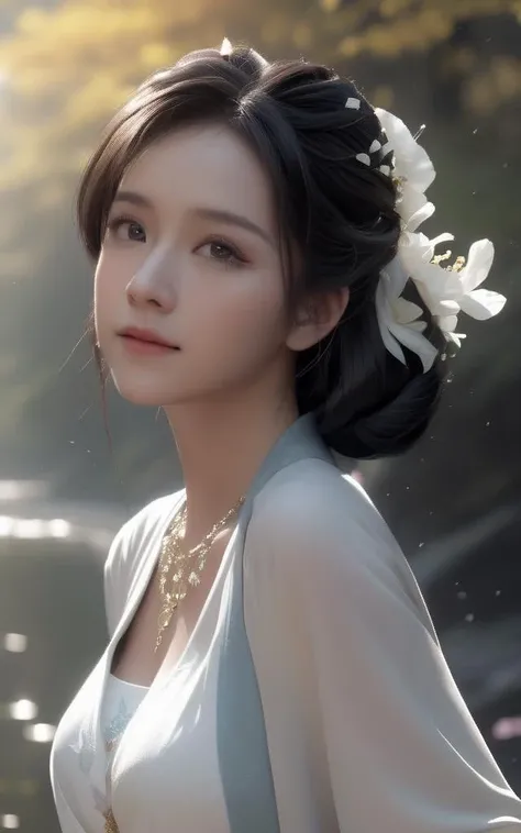 guofeng,((beautiful face)), forest,river,extremely delicate facial,(best quality),random emotion,(extremely detailed cg 8k wallpaper),wedding dress, masterpiecel, an extremely delicate and beautiful,extremely detailed,intricate,solo,photorealistic.hyper detailed,small breasts,tender Shining,amazing scene lighting,medium hair,Wet hair,(sportswear),standing,(upper body),arms behind back,light smile,necklace,