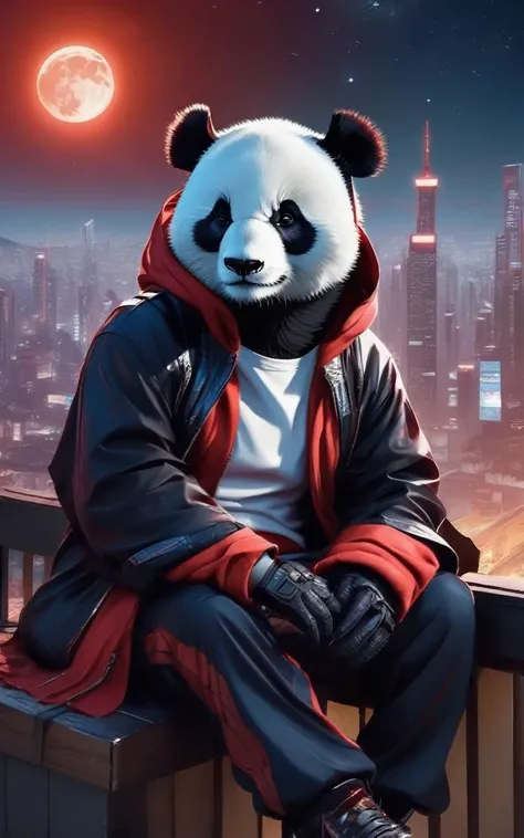 breathtaking, a cyborg anthropomorphic giant panda male furry is sitting solo on rooftop, He has very fluffy fur on cheek and animal head, mechanical arms and hands, mechanical legs and boots, He wears a short sleeves red hoodie with both proud and serious on his face, His eyes are black and shine and looking afar, city below, backlighting, night, moonlight, starry sky, shooting star, constellation, realistic, illustration, cyberpunk, science fiction, medium shot, dutch angle, award-winning, professional, highly detailed