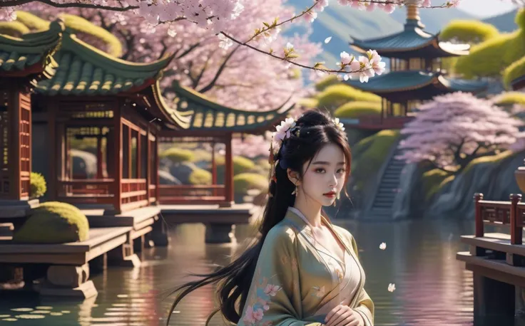 wide shot,8k,RAW photo,best quality,masterpiece,Professional,extreme detail description,Vivid Colors,Tyndall effect,(1girl,(full body:1.5)),large breasts,light smile,
real world,(hyperrealism:1.1),(scales of extreme detail:1.3),dingdall effect, looking up, 
open Chinese scroll with a miniature Japanese garden, Kinkaku-ji (Golden Pavilion), cherry blossoms, serene atmosphere, traditional architecture, delicate details, soft lighting, water reflection, moss-covered rocks, bonsai trees, by Hiroshi Sugimoto, in a dreamy and ethereal style ,4k,8k,Bokeh,
(flying petals),on magic circle, sparkles, light particles, crystal, prism, glowing light, magic effect,
extremely best quality, official art, 8k wallpaper,  (artistic atmosphere:1.2),(chinese style:1.3), (nsfw, seductively charming:1.5), 
(stochastic angle, stochastic pose,stochastic action),charming, alluring, seductive, erotic, enchanting, flowers, 
luxury, jewelry, ornate, necklace, bracelet, hairpin,embroidery,(shiny see-through dress:1),