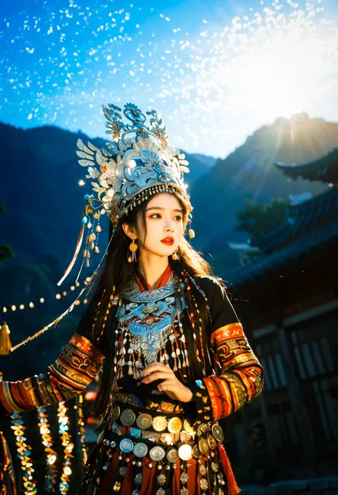 Vibrant Rim Light, cinematic photo Hanfu photography, cinematic angle, fisheye, dynamic perspective, intricate details, wide angle, cinematic lighting, motion blur,
First light piercing through the dense mist creating a dappled effect on the floor. The mist, illuminated by the emerging sun, adds a mystical and dreamy quality. It's a serene scene, defined by the soft, ethereal light and deep shadows.
miaoyuansu, 1girl, black hair, long hair, hat, hair ornament, earrings, hair ribbon, headgear, bracelet, long sleeves, dress, traditional clothes, makeup, jewelry, bracelet, skirt, long hair blown by the wind, full body,<lora:miaoyuansuSDXL-000009:0.7>
Miao girl dancing gracefully in the enchanting light of the setting sun, adorned in a traditional Miao outfit with meticulous silver headdress featuring intricate handcrafted patterns, vibrant and elaborately embroidered clothing, an array of ornate jewelry adorned with silver coins
35mm photograph, film, bokeh, professional, 4k, highly detailed, light depth, dramatic atmospheric lighting, Volumetric Lighting