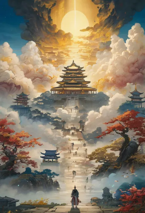The sea of clouds scattered everywhere, and he walked lightly, each step lifting the auspicious clouds into the air. He stood on the clouds, staring at the ancient buildings in the opposite sea of clouds, dynamic, ambient, detailed