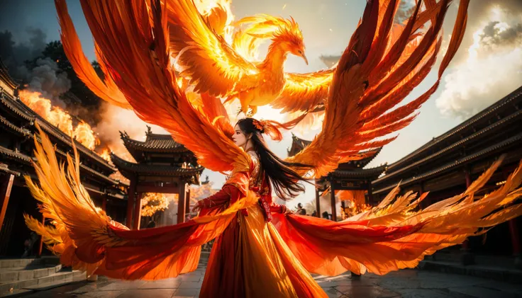 Best quality,(masterpiece:1.2),cinematic photo,1girl,A beautiful girl in orange hanfu,A girl stood on a phoenix, surrounded by burning flames and feathers flying towards the sun in the sky. The clouds and mist scattered around the girl, and below the girl were ancient Chinese buildings, creating a spectacular and exaggerated scene