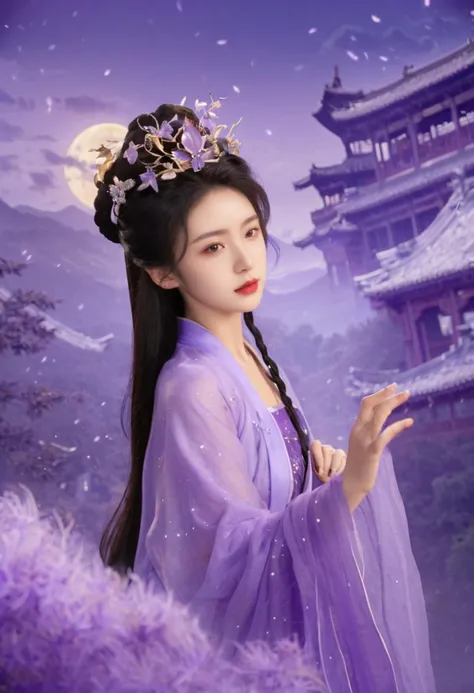 (purple:1.3)
Forbidden City, Purple Qi Comes from the East, Purple Weiyuan, Purple Cloud Fairy, Purple Weixing Prince, Purple Weidoushu, Purple Dianqing Frost, Purple Ganoderma Fairy Grass, Purple Palace Fairy, Purple Cloud Mountain, Purple Flower Fairy, Purple Yang Fairy, Purple Qi Pavilion, Purple Qi Mountain, Purple Xia Fairy, Purple Lu Mountain, Purple Xiao Palace, Purple Bamboo Fairy, Purple Qi Star Officer, Purple Gold City, Purple Weixing
(1girl:1.3), adult, Guofeng, Hanfu, mist, looking at viewer,long hair blown by the wind, dusk, masterpiece,
analog film photo ethereal fantasy concept art of masterpiece, dynamic perspective, intricate details, wide angle, motion blur. purple long hair. She stood by east asian architecture, starry sky,