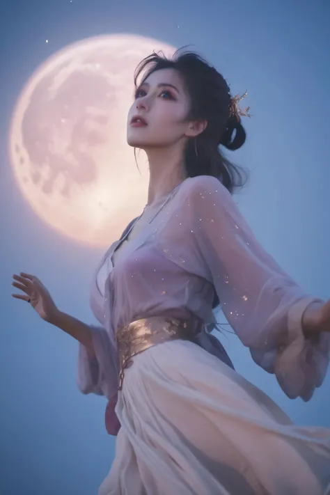 cinematic photo 1girl,dancing in the sky,huge moon. 35mm photograph, film, bokeh, professional, 4k, highly detailed,neowrsk, <lora:neowrskXL:0.8>