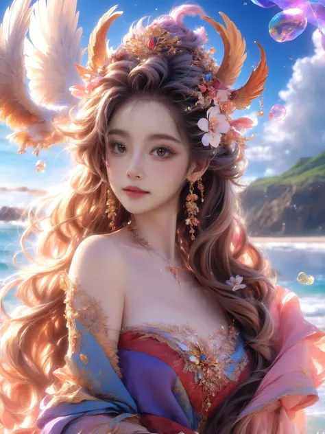 8k,RAW photo,best quality,masterpiece,dynamic angle,Professional,extreme detail description,Vivid Colors,Tyndall effect,dynamic pose,
1girl,full body,solo,looking at viewer,large breasts,light smile,charming,glow,large wings,feather hair ornament,brooch,pendant,sapphire brooch,jewelry,rainbow,<lora:Fallen_angel:1>,bj_Devil_angel,
walking,waves,wind,(((glistening light of waves))),(detailed sunset glow),(floating flow),((coral)),(Luminous),coast,(floating colorful bubbles),beautiful detailed sky,(fluorescence),detailed shadow,(conch),beautiful detailed water,starfish,meteor,rainbow,(seabirds),(glinting stars),(glowworm),(splash),detailed cloud,shell,(fireworks),