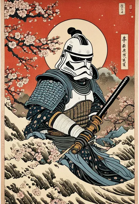 Japanese woodblock calligraphy scroll depicting a stormtrooper as a Japanese samurai, Ukiyo-e Art, katana, cherry blossoms, waves, traw hat, calligraphy, stormtrooper, hyper detailed, intricate details, highly detailed, high res, high quality, stunning, a masterpiece